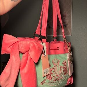 Juicy Couture Coral Pink & Mint Green Bow Tote